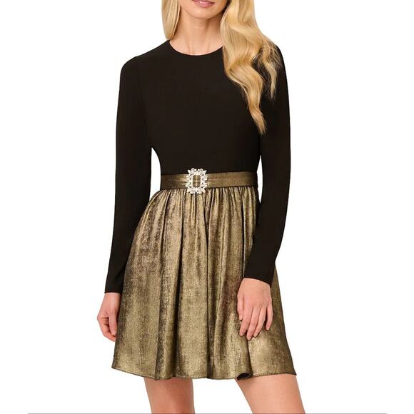 Adrianna Papell Black and Gold Long Sleeve Mini Cocktail Dress Size 10 Belted - Picture 13 of 15